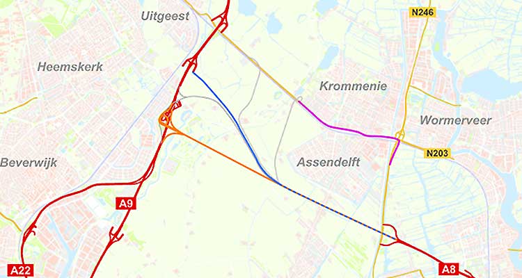Het ontbreken van een goede oost-westverbinding zorgt dagelijks voor files op de provinciale wegen N203 en N246. Dit leidt in Krommenie en Assendelft tot ernstige overlast, van onder meer sluipverkeer, geluidhinder en slechte luchtkwaliteit. Een betere verbinding tussen de A8 en A9 is van groot belang om deze problemen op te lossen. De provincie Noord-Holland, de Vervoerregio Amsterdam en de gemeenten Zaanstad, Uitgeest, Heemskerk, Beverwijk en Velsen onderzoeken samen de mogelijkheden om de doorstroming en de leefbaarheid voor nu en voor de toekomst te verbeteren.